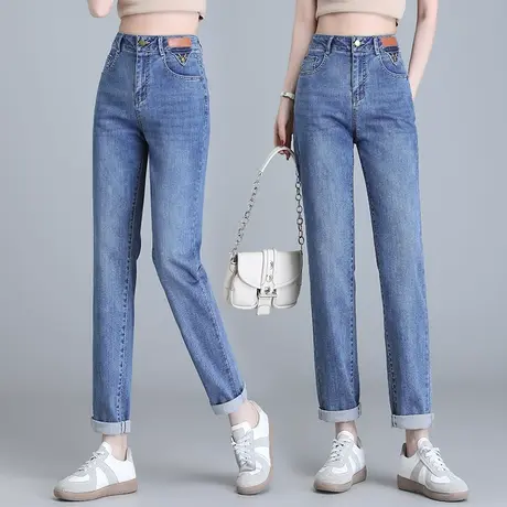 直筒裤女小个子春秋高腰休闲哈伦裤2023春款百搭浅色法棍牛仔裤子商品大图