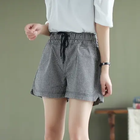 枫谜2021年夏装新款文艺简约格子棉麻短裤女宽松韩版显瘦热裤图片