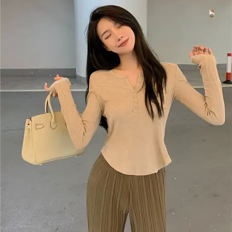 设计感小众辣妹纯欲长袖t恤女修身显瘦v领内搭打底衫短款早秋上衣商品大图