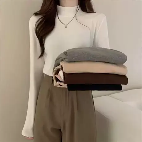 白色半高领德绒打底衫女2023秋冬新款纯色内搭简约修身长袖上衣女商品大图