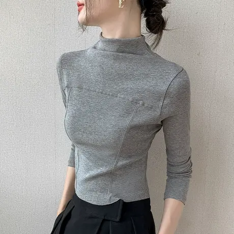 半高领拼接长袖T恤女2023早秋新品修身内搭设计感小众正肩打底衫商品大图
