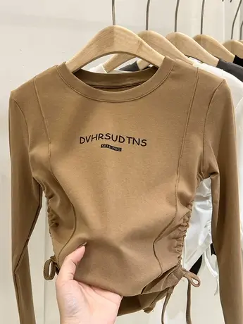 长袖t恤女秋冬抽绳设计感小众收腰洋气小衫短款上衣打底衫女内搭商品大图