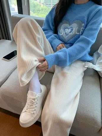 白色阔腿裤女秋冬季宽松高腰垂感加绒休闲拖地灯芯绒雪尼尔直筒裤商品大图