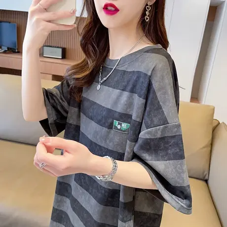 短袖t恤女2023新款夏季韩版宽松大码小众设计感条纹半袖上衣服潮图片