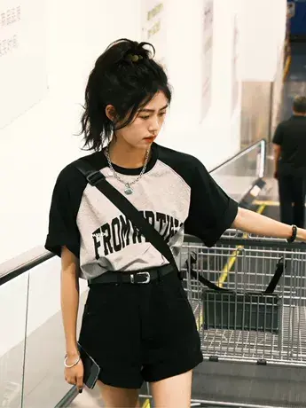 撞色纯棉短袖t恤女正肩夏季宽松百搭复古美式设计感小众半袖上衣图片