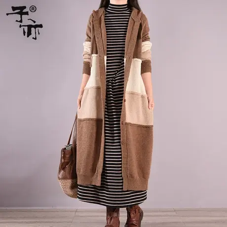 子亦春装新款休闲拼接气质宽松单排扣连帽百搭针织毛衣开衫商品大图