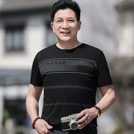 中年男士短袖t恤宽松冰丝棉圆领口袋爸爸装半袖衫夏季爷爷上衣服商品大图