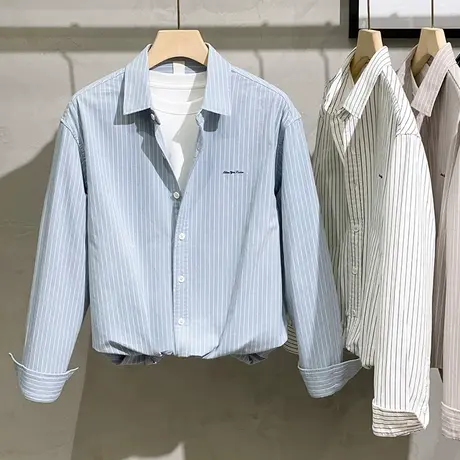 春秋季长袖衬衫外套男夏季薄款日系条纹宽松外穿潮流纯棉男士衬衣商品大图