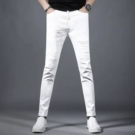 2023春夏季新款男士牛仔裤修身小脚高街破洞补丁弹力男士白色长裤商品大图