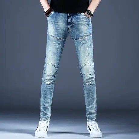 男士拼接牛仔裤男潮牌潮流裤子美式高街2023秋款休闲男裤修身小脚商品大图
