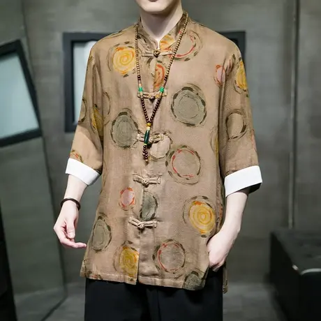 新中式中国风男装夏季冰丝短袖衬衫复古五分袖中老年爸爸大码唐装商品大图