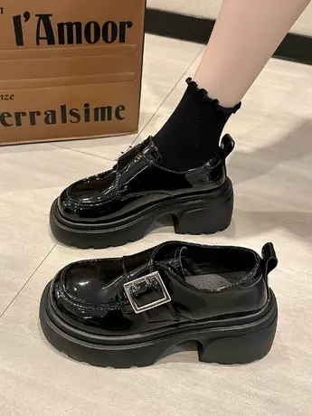 一脚蹬单鞋女2023夏季新款时尚百搭复古小个子粗跟厚底黑色小皮鞋商品大图