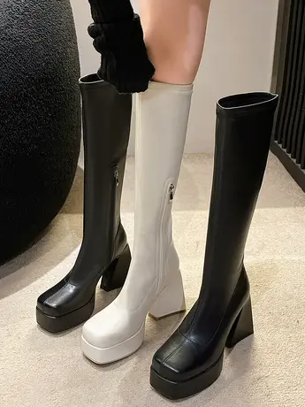 长筒靴女2023年秋新款粗跟防水台高筒靴小个子百搭弹力靴中筒靴图片