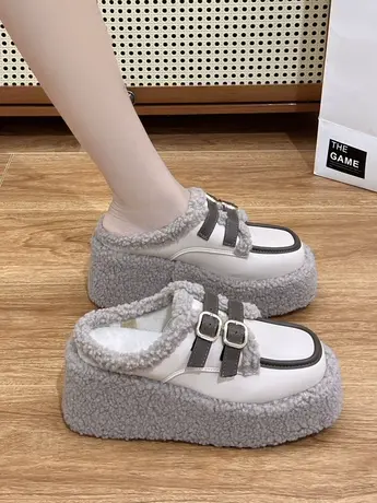 厚底增高包头半拖鞋女秋冬外穿2023新款英伦风坡跟懒人毛毛拖鞋潮商品大图