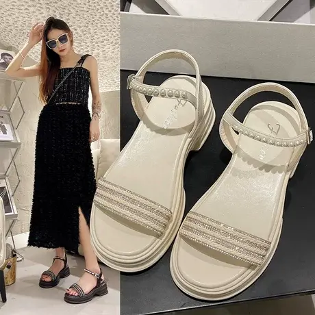 平底凉鞋女2023年新款夏季时装女鞋水钻外穿厚底一字带百搭增高鞋商品大图