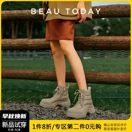 BeauToday粗跟短靴女2023新款BT厚底马丁靴女英伦风靴子女中筒靴商品大图