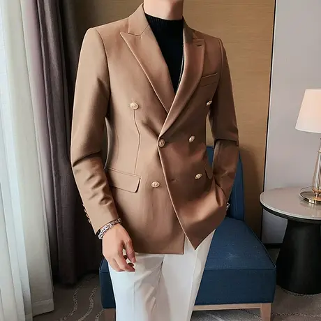 男士高级感春秋新款2025年经典双排扣戗驳领修身西服卡其色外套潮商品大图
