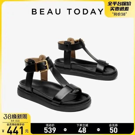 BeauToday真皮罗马凉鞋女外穿黑色平底鞋女新款夏季厚底高帮女鞋商品大图