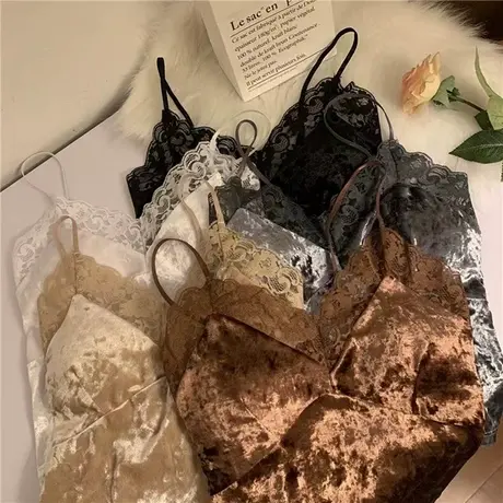 丝绒蕾丝拼接小吊带背心女内搭冬季2024新款纯欲性感无袖打底上衣图片