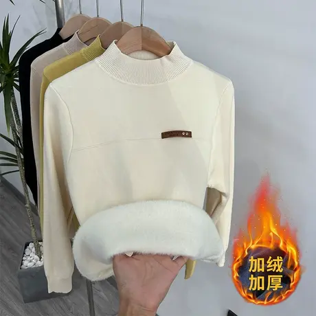 加绒加厚保暖上衣女2023早春半高领洋气纯色百搭软糯糯修身针织衫商品大图