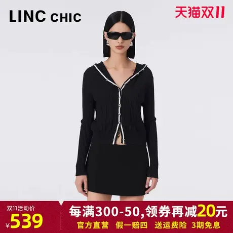 LINCCHIC金羽杰针织开衫女2023年秋季新款轻奢撞色连帽长袖针织衫商品大图