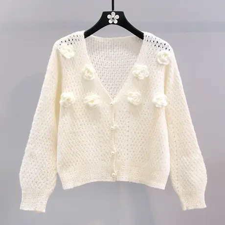 立体花朵温柔风针织开衫女2023早秋新款设计感时尚镂空毛衣外套商品大图