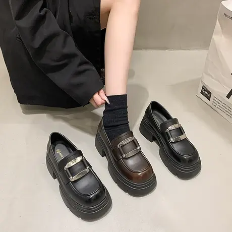 复古百搭乐福鞋女2024年春秋季新款一脚蹬厚底单鞋法式粗跟小皮鞋图片