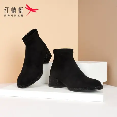 红蜻蜓女鞋2021年秋冬季女棉鞋圆头中跟套脚短毛绒女靴侧拉链短靴图片