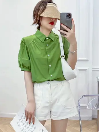 2023夏新款短袖衬衫纯色单排扣泡泡袖绿色衬衣显瘦翻领法式上衣女商品大图