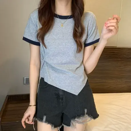 不规则短款正肩t恤女短袖2023年新款夏季设计感小众别致独特上衣商品大图