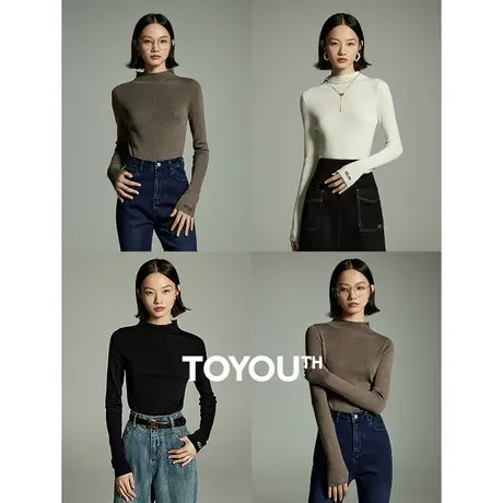 TOYOUTH初语薄款纯色针织衫女2023秋季新款半高领弹力修身打底衫图片