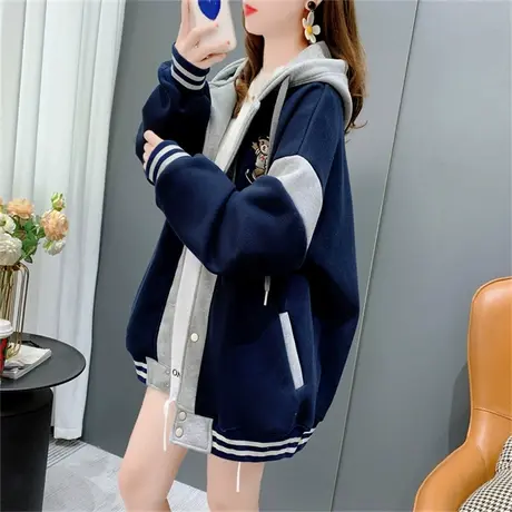加绒加厚棒球服卫衣外套女秋冬2022年新款宽松休闲学院风拼接上衣商品大图