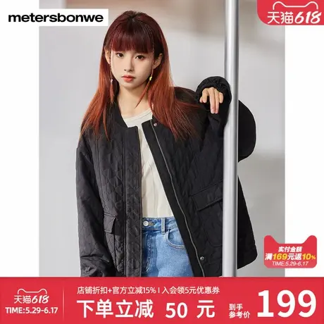 美特斯邦威外套女春秋百搭简约潮流时尚低领宽松夹克舒适棉服上衣图片