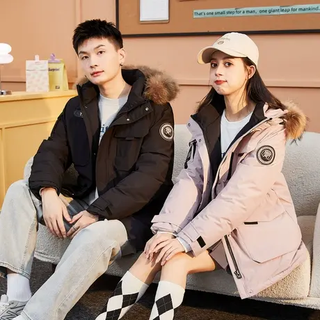 唐狮情侣羽绒服男女冬季新款中长款连帽毛领加厚冲锋保暖工装外套商品大图