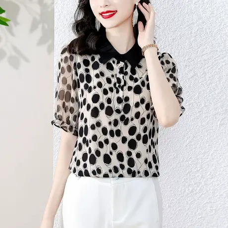 衬衫女2023夏季新款洋气大波点短袖女上衣时尚娃娃领雪纺衫衣女潮图片