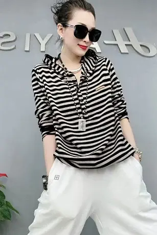 卫衣女2023新款春秋条纹长袖T恤韩版时尚百搭打底衫横条显瘦上衣商品大图