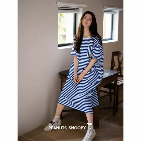 贝妍史努比睡衣女夏季薄款纯棉短袖条纹睡裙女宽松大码凉感连衣裙商品大图
