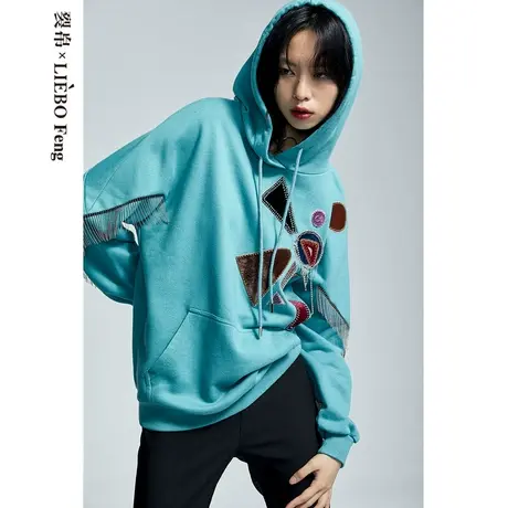 裂帛LIEBOFeng原创设计2023年国潮复古刺绣金属流苏蓝色套头卫衣图片