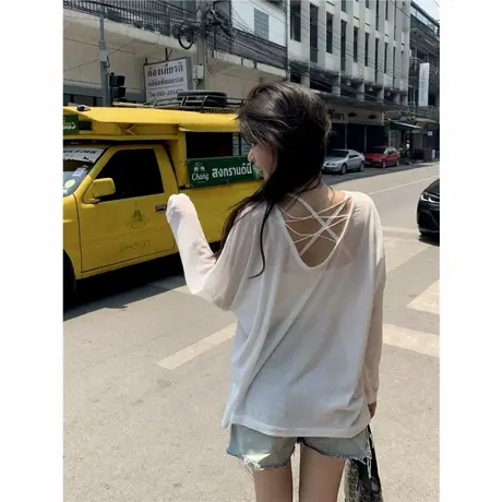辣妹白色防晒罩衫女夏季新款宽松不规则T恤薄款长袖ins上衣微透潮商品大图