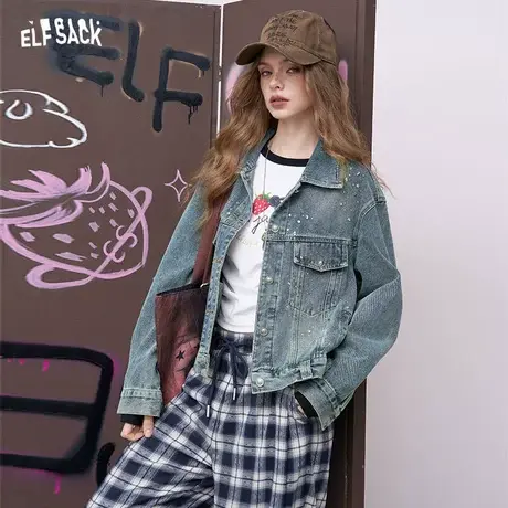 妖精的口袋重工亮钻水洗牛仔外套女2025年早秋新款高级感韩系上衣图片
