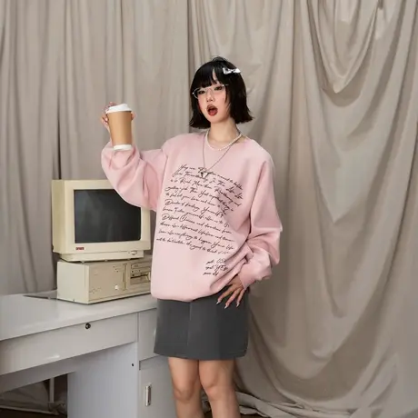 YEP复古字母印花圆领卫衣女春秋2025年新款套头宽松情侣无帽上衣商品大图