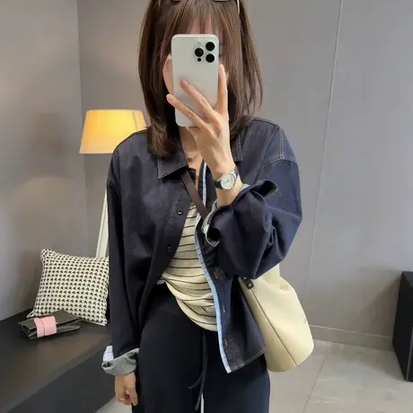 拼接格纹翻领牛仔衬衫外套女2025秋季新款小个子短款休闲百搭上衣商品大图