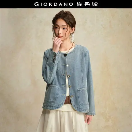 设计师款佐丹奴牛仔夹克女装勾线圆领不规则纽扣牛仔外套18375209商品大图
