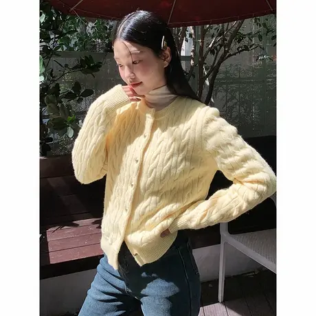 NOW真维斯鹅黄色麻花针织开衫外套女秋冬季短款外搭毛衣韩系上衣商品大图