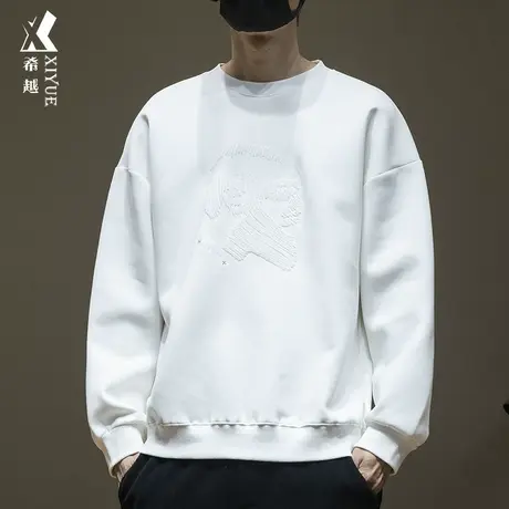 秋冬新款350g重磅加绒圆领卫衣男潮牌刺绣秋季打底长袖宽松大码潮商品大图