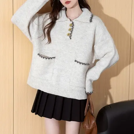 唐狮复古简约撞色边设计翻领毛衣女韩系套头针织衫外穿高级感tu图片