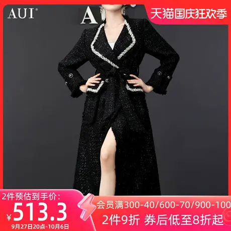 AUI黑色高端小香风长款修身外套女2023秋冬新款收腰显瘦翻领大衣商品大图