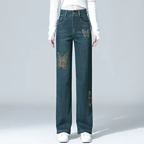 牛仔直筒裤女新秋款高腰蝴蝶刺绣烫钻阔腿裤宽松大码窄版休闲裤图片