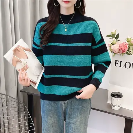 半高领女毛衣2023年新款秋冬加厚女内搭条纹针织打底宽松百搭洋气商品大图