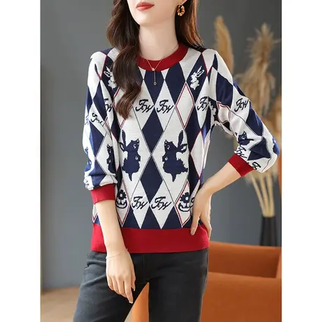 宝诗黎圆领提花长袖毛衣打底针织衫2023秋季新款长袖套头慵懒上衣商品大图